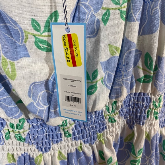 Draper James RSVP Blue Floral Smocked Waist Tank Top Ruffle Straps NWT Size XXL - Picture 5 of 5